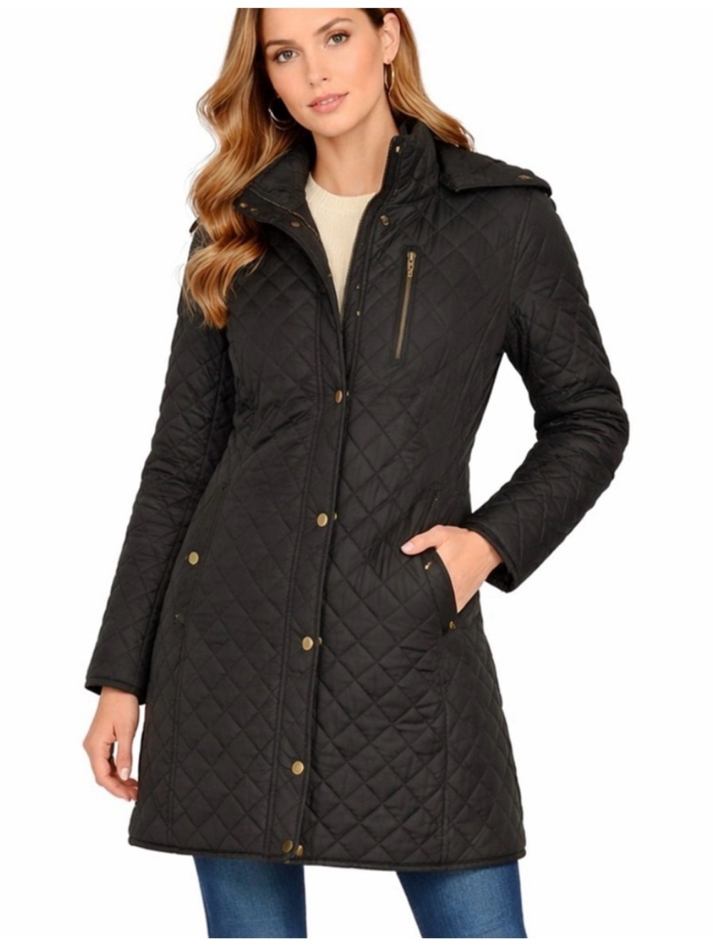 Lauren Ralph Lauren Black Quilted Hooded Coat Equestrian Lining Size Medium